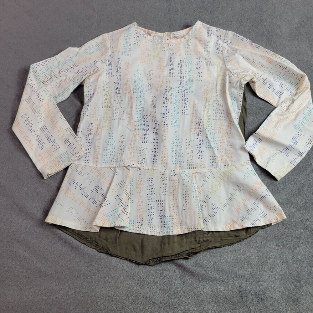 Cayelle Kids Shirt Girls 4 Green Mixed Media Long Sleeves Floral Blouse Top Dots